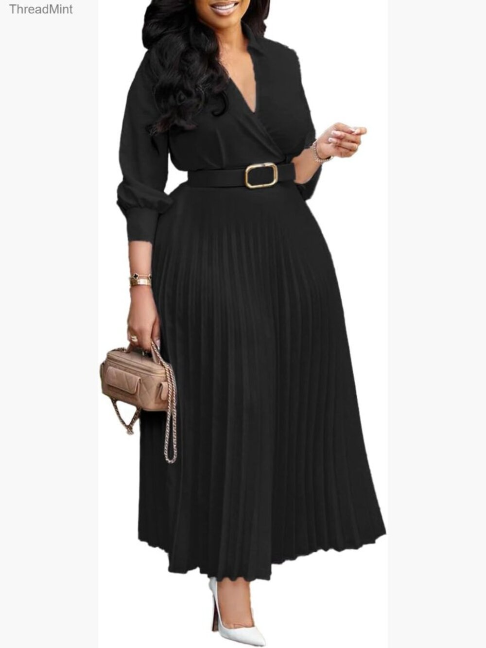 3/4 Sleeve A-Line Dress with Belt for Wedding Guest Office Semi Formal